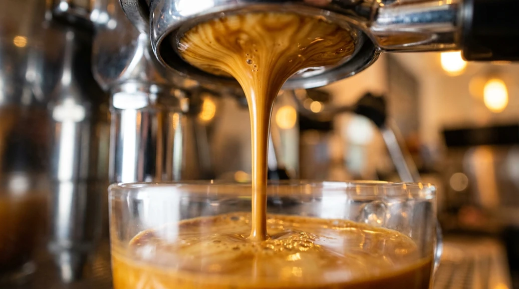 Freshly pulled espresso shot with thick golden crema made from Uganda Robusta
